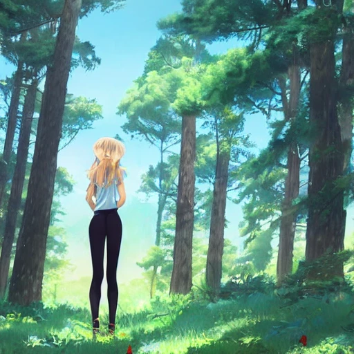 Illustration of a beautiful girl standing in a forest, under a blue sky, wearing black hip-up compression tights and facing the other way.  illustration by Makoto Shinkai, Mika Pikazo, Stanley Artgerm Lau, WLOP, Rossdraws, James Jean, Andrei Riabovitchev, Marc Simonetti, krenz cushart, Sakimichan, trending on ArtStation, digital
