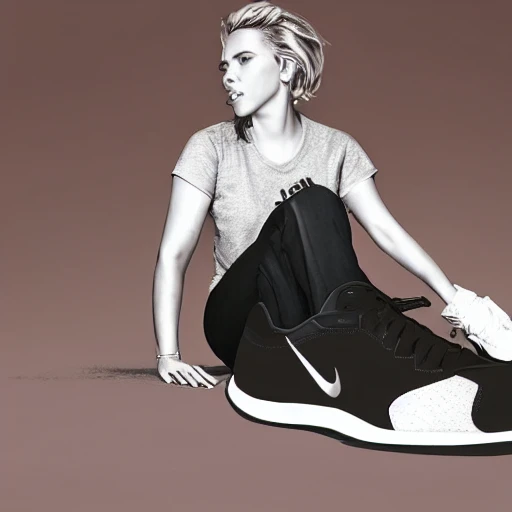 full body portrait of Scarlett Johansson wearing nike sneaker, HD, 8K, Realistic, Detailed and Intricate