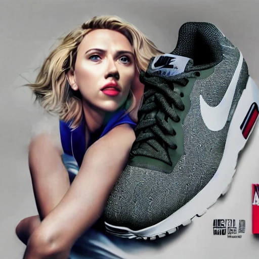 full body portrait of Scarlett Johansson wearing nike sneaker, HD, 8K, Realistic, Detailed and Intricate