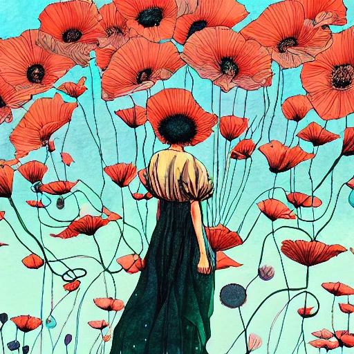giant poppies flower head, woman walking, dramatic light, victo ngai, james jean, frank franzzeta, surreal, dramatic light, inking lines, Water Color