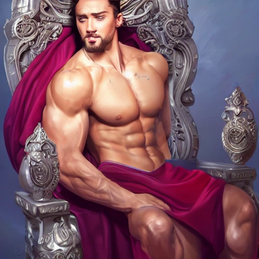 King in a throne. Illustration trending on ArtStation. NSFW. Attractive. Dynamic pose. Crotch. Smug smile. Low angle. Realistic. Risqué. Lustful. Masterpiece. 64k HD. Belami and SeanCody. By Artgerm and RHADS. Muscular