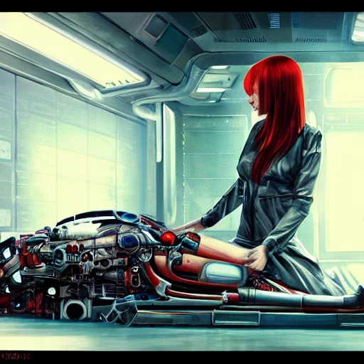 happy redhair taking selfie in a futuristic garage, masterpiece, highest quality, Ultra realistic illustration, beautiful alluring cyborg sitting on the floor of a destroyed Japanese spaceship, medical bay, cyberpunk, sci-fi, fantasy, intricate, 1girl, cable, cyberpunk, gears, ground vehicle, light particles, planet, science fiction, short hair, solo, space, space craft, star \(sky\), full body, detailed lips, detailed face, happy eyes, joyful, detailed eyes, blue eyes