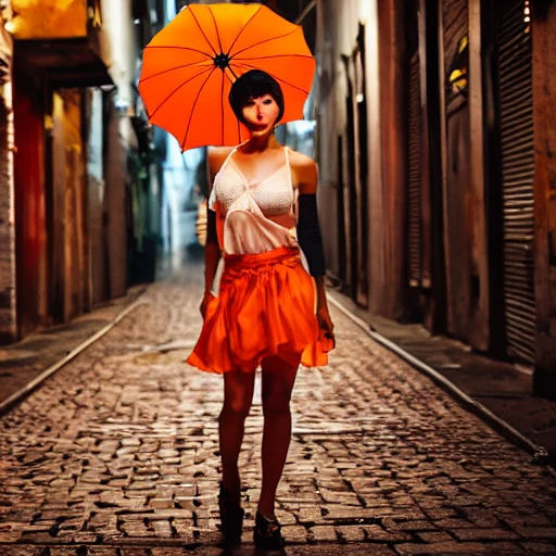 action photograph of a sexy, slender, fit, woman with short hair wearing sheer blouse and skirt, full lips, detailed hands and breasts, carrying an orange umbrella, walking in dirty cyberpunk alley, DOF, at night, 85mm, wlop, by rembrandt