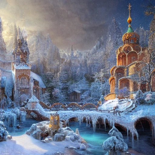  Elaborate, highly detailed Fantasy Russian Basilica in winter, snow covered trees in a detailed epic winter landscape with a stream, with sparkles, by Ferdinand Knab, Raffaello Ossola, Erik Johansson, gediminas pranckevicius, intricate complex defined maximalist photorealistic matte painting, bright colors, 8K resolution, polished ethereal divine magical 