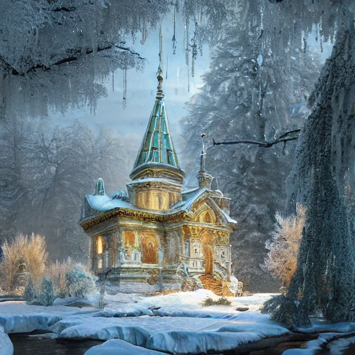 Elaborate, highly detailed Fantasy Russian Basilica in winter, snow covered trees in a detailed epic winter landscape with a stream, with sparkles, by Ferdinand Knab, Raffaello Ossola, Erik Johansson, gediminas pranckevicius, intricate complex defined maximalist photorealistic matte painting, bright colors, 8K resolution, polished ethereal divine magical