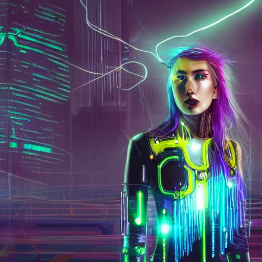 "highly detailed digital art portrait of cyberpunk female warrior, long curly bright yellow and white plasma electricity hair tribal lady, metallic gradient yellow, black, purple, electric blue, and silver color scheme lightning cloudy robotic dystopian city background detailed matte painting, deep color, fantastical, high exposure, complementary colors"