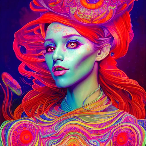 a perfect portrait of lady, perfect breast, an extremely psychedelic experience, colorful, surreal, dramatic lighting, cosmonaut, LSD, face, detailed, intricate, elegant, highly detailed, digital painting, artstation, concept art, smooth, sharp focus, illustration, art by Sam Spratt, Dan Mumford, Artem Demura and Alphonse Mucha
