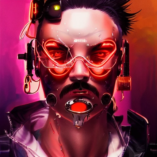 portrait of a cyberpunk Freddy Mercuri with cyberimplants, random clothes, black neon hair color, ilya kuvshinov, artgerm, krenz cushart, greg rutkowski, hiroaki samura, kramskoi, hdr, reflection, dripping neon paint, cyberpunk edge-runners style