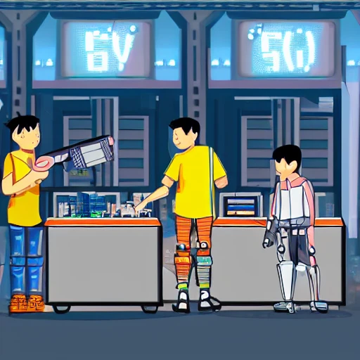 2 boys are selling robots on cyberpunk City nigth market., Cartoon