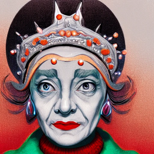 Portrait of old woman with red lips,  wearing a light grey crown, crown, blue turtleneck, 1 9 5 0 s, green eyes,, black hair, orange lighting, intricate, elegant, glowing lights, highly detailed, digital painting, artstation, concept art, sharp focus, illustration, art by wlop, inking lines, Trippy, Pencil Sketch