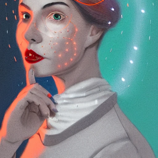 Portrait of old woman with red lips,  wearing a light grey crown, crown, blue turtleneck, 1 9 5 0 s, green eyes,, black hair, orange lighting, intricate, elegant, glowing lights, highly detailed, digital painting, artstation, concept art, sharp focus, illustration, art by wlop, inking lines, Trippy, Pencil Sketch, Cartoon