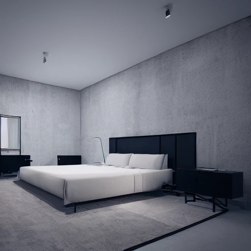 symmetry, parallax mapping of brutalist bedroom, minimalist architecture, minimalist furniture, octane render, high quality 