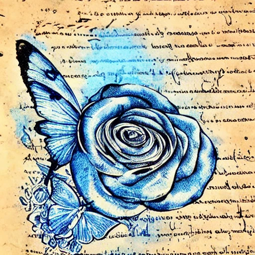 Leonardo da Vinci effect hand drawn butterfly blue rose ink stamp wand written text vintage mood