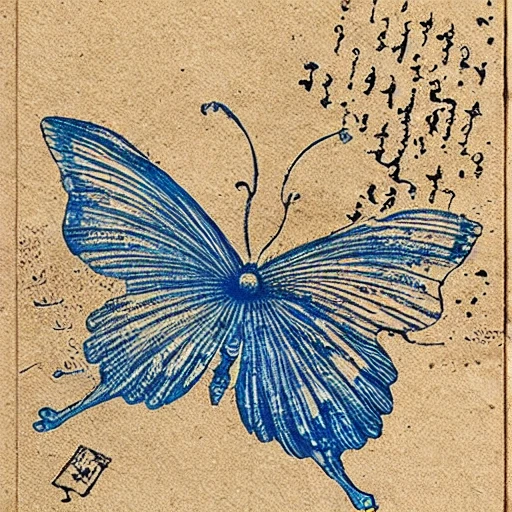 Leonardo da Vinci effect hand drawn butterfly blue rose ink stamp wand written text flying godzilla