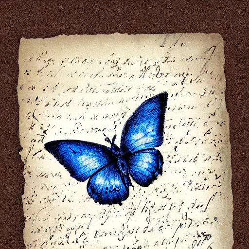 Leonardo da Vinci effect hand drawn butterfly blue rose ink stamp hand written text vintage, Pencil Sketch
