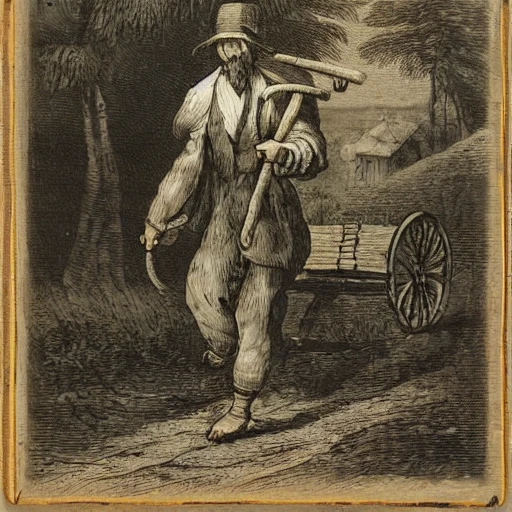 A man on the road with a handcart and a dog as a wood print, 19th century
