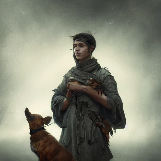 redshift style, a young knife man, with a dog at his side, perfect face, intricate, elegant, highly detailed, trending on artstation, by Tom Bagshaw and Seb McKinnon, 150mm portrait, photography, epic cinematic, octane render , denoise, photograph with a Hasselblad H3DII, extremely detailed, DOF --upbeat --v 4
