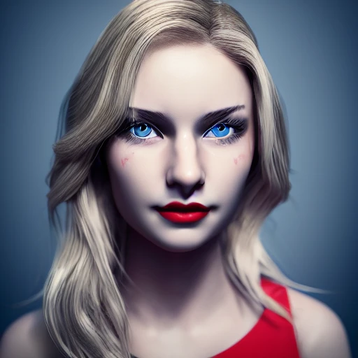 young realistic woman face, blonde, blue eyes, red cheeks, smiling, photography, epic cinematic, octane render , denoise, photograph with a Hasselblad H3DII, extremely detailed