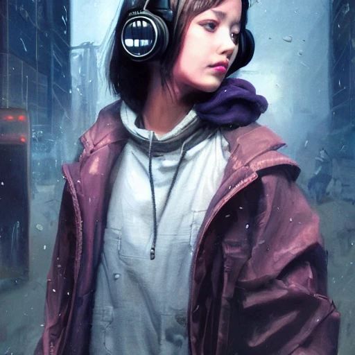 painting of a young girl, wearing an oversized jacket, listening outdoor music with on a old radio in postapocalyptic London, cyberpunk, highly detailed face, color splash, nostalgic lighting, unreal engine 5, by ruan jia, by yoshitaka amano, by greg rutkowski, by jeremyg lipkinng, by artgerm,