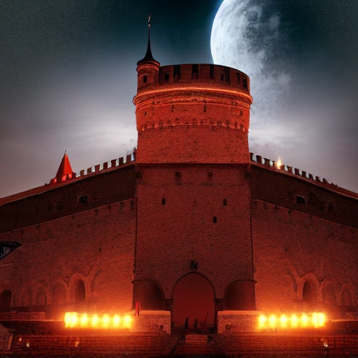 Vilnius Gediminas castle, iron futuristic wolf, howl during the night, full red moon, photography, epic cinematic, octane render , denoise, photograph with a Hasselblad H3DII, extremely detailed