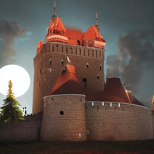 Vilnius Gediminas castle with iron futuristic wolf safeguarding, howl during the night, full red moon, dragon with red eyes flying, photography, octane render , denoise, photograph with a Hasselblad H3DII, extremely detailed
