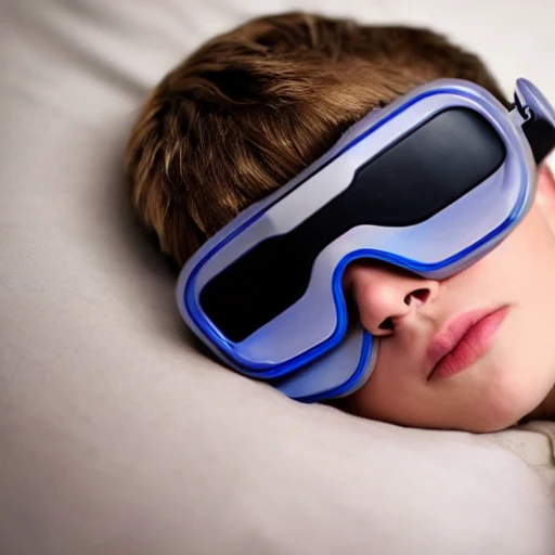 a boy,short blonde hair,wearing VR glasses,curl up to sleep,head to the left
