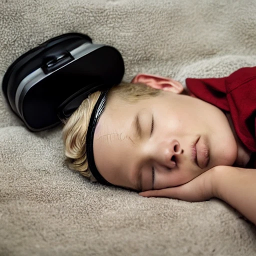 a boy,short blonde hair,wearing a VR,curl up to sleep,fall asleep slowly, Cartoon