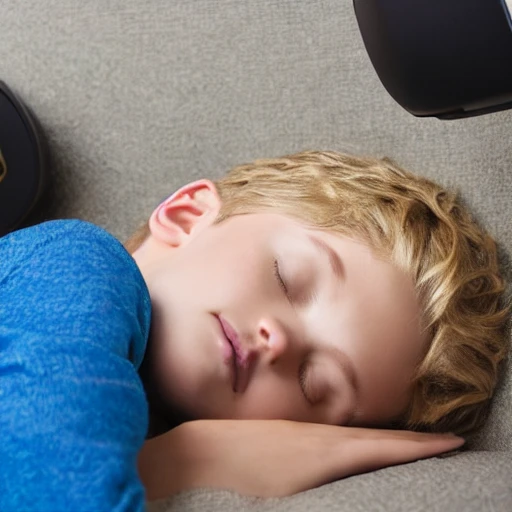 a boy,short blonde hair,wearing a VR,curl up to sleep,fall asleep slowly, Cartoon