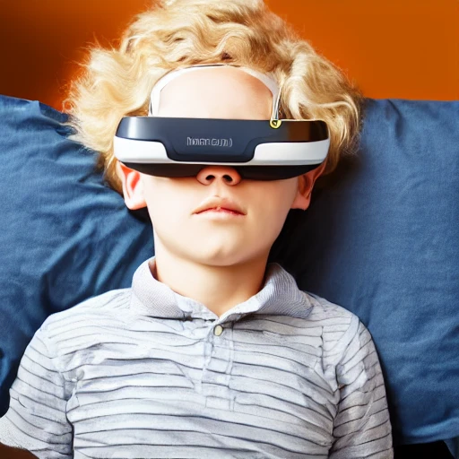 a boy,short blonde hair,wearing VR glasses,curl up to sleep,fall asleep slowl, Cartoon