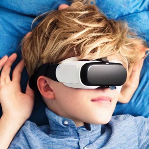 a boy,short blonde hair,wearing VR glasses,curl up to sleep,fall asleep slowl, Cartoon