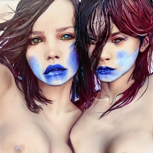 by wlop, 2girls, dynamic action photograph of a sexy, slender, fit, woman with green eyes, (((dark brown skin))), short black hair, perfect face, detailed face, ((small breasts)), barcode tattoo, wearing shorts, panties, choker, nose piercing, detailed hands and breasts, detailed eyes, blue_hair, red_hair, breasts, closed_eyes, couple, kiss, bed, bedroom window, sunlight
Negative prompt: ((((ugly)))), (((duplicate))), ((morbid)), ((mutilated)), [out of frame], extra fingers, mutated hands, ((poorly drawn hands)), ((poorly drawn face)), (((mutation))), (((deformed))), ((ugly)), blurry, ((bad anatomy)), (((bad proportions))), ((extra limbs)), cloned face, (((disfigured))). out of frame, ugly, extra limbs, (bad anatomy), gross proportions, (malformed limbs), ((missing arms)), ((missing legs)), (((extra arms))), (((extra legs))), mutated hands, (fused fingers), (too many fingers), (((long neck)))
Steps: 38, Sampler: Euler a, CFG scale: 10, Seed: 661395462, Size: 512x512, Model hash: 2700c435