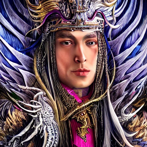 very complex hyper-maximalist overdetailed cinematic tribal fantasy closeup macro portrait of a heavenly sks person, young royal dragon king with long platinum black windblown hair and dragon scale wings, Magic the gathering, dark eyes,flirting smiling passion seductive, vibrant high contrast, by andrei riabovitchev, tomasz alen kopera,moleksandra shchaslyva, peter mohrbacher, Omnious intricate, octane, moebius, arney freytag, Fashion photo shoot, glamorous pose, trending on ArtStation, dramatic lighting, ice, fire and smoke, orthodox symbolism Diesel punk, mist, ambient occlusion, volumetric lighting, Lord of the rings, BioShock, glamorous, emotional, tattoos,shot in the photo studio, professional studio lighting, backlit, rim lighting, Deviant-art, hyper detailed illustration, 8k