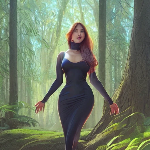 full body portrait of a female wearing a skintight dress in a forest, large thighs, perfect face, intricate, elegant, highly detailed, digital painting, artstation, smooth, sharp focus, illustration, art by artgerm and greg rutkowski and alphonse mucha, 8 k 