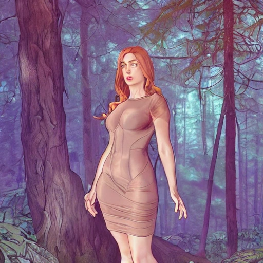 full body portrait of a female wearing a skintight dress in a forest, large thighs, perfect face, intricate, elegant, highly detailed, digital painting, artstation, smooth, sharp focus, illustration, art by artgerm and greg rutkowski and alphonse mucha, 8 k , Water Color, Cartoon, Trippy