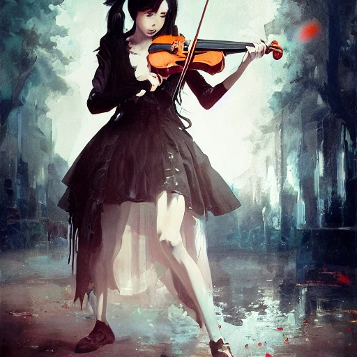 portrait of a gothic violinist in sorrow, wlop, ilya kuvshinov, artgerm, krenz cushart, greg rutkowski, hiroaki 1samura, repin, kramskoi, hdr, reflection, dripping neon paint, arcane style, 3D