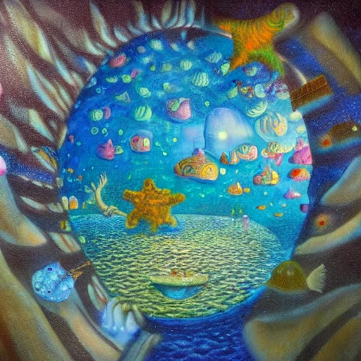 village fantastique dans une bulle sous la mer, Trippy, Oil Painting, Pencil Sketch