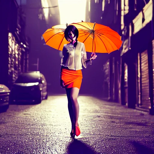 action photograph of a sexy, slender, fit, woman with short hair wearing sheer blouse and skirt, full lips, detailed hands and breasts, carrying an orange umbrella, walking in dirty cyberpunk alley, DOF, at night, 85mm, wlop,