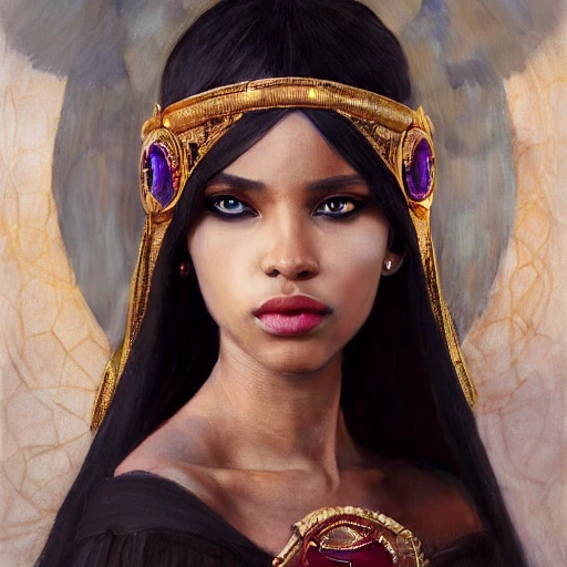 malian Empress, black african, mali, ruby, sapphire, silk, borders, white, gold, style, dnd character portrait, intricate, oil on canvas, masterpiece, expert, insanely detailed, 4k resolution, john william waterhouse, agnes cecile, charlie bowater, wassilly kandinsky, composition, framing