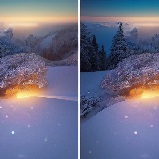  This is surreal and complex CG rendering transparent, snow light, a circular golden light, CG3D effect, body light, sky, ultra-wide angle, golden light reflection, blue sky, ultra-shocking realistic impact complex details 8K, Marc ADAMUS landscape photography, real-life stereo light, symmetry, 8K HD --ar 9:16