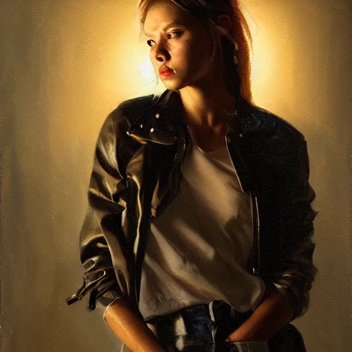 Girl,musclepunk wearing oversized jacket, night, highly detailed face, oil painting, highly detailed, cinematic lighting,beautiful,hyperrealistic,by ruan jia