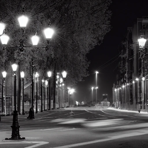 busy road, pedestrian only, night, night, lamp posts, city, trees
