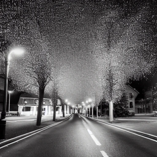 busy road, pedestrian only, night, night, lamp posts, village, trees,
4k, stars, black and white