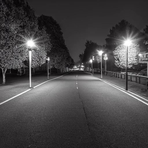 busy road, pedestrian only, night, night, lamp posts, village, trees,
4k, black and white