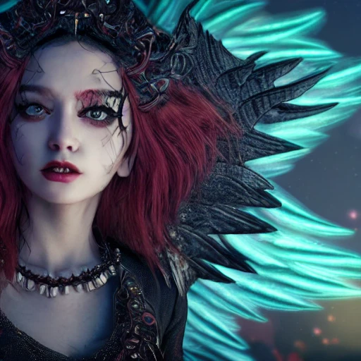 dark fairy with large wings traveling through time, silver hair, magic, crimson red lights, stars, ornate patterns of arcane runes on her face, portrait, magical, dreamy, ultra realistic, hyper detailed, unreal engine render, photorealistic, volumetric lighting, sunrise, morning sun, stars, aurora borealis, octane render,