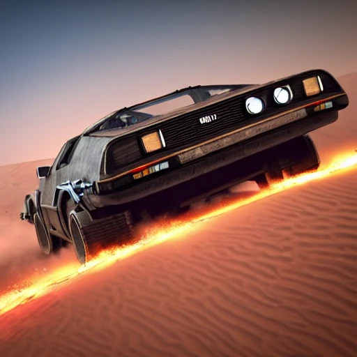 photo of the back to the future i
Style mad Max Fury road delorean in the desert, rocket league, mad max, action, speed, volumetric lighting, hdr, gta 5, syd mead, craig mullins, cinematic, fast and furious, octane, 8 k, iso 1 0 0, 1 2 mm, hot wheels 