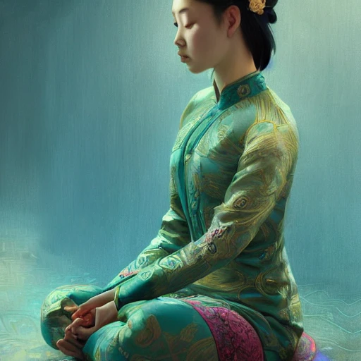 girl, asian, meditating in lotus position, teal suit, intricate, elegant, highly detailed, artstation, sharp focus, illustration, ruan jia, mandy jurgens, rutkowski, mucha
