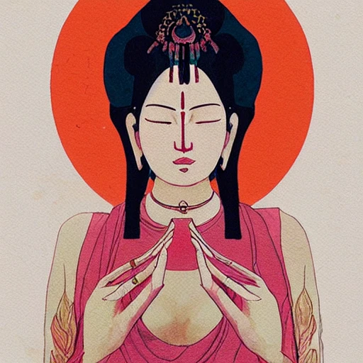 contented female bodhisattva, praying meditating, portrait by Conrad Roset
