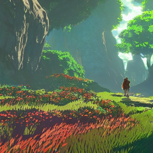 a beautiful green forest with plants and flowers , Dramatic lighting, Colorful, warm tones, Wide angle, by Miyazaki, Nausicaa Ghibli, Breath of The Wild