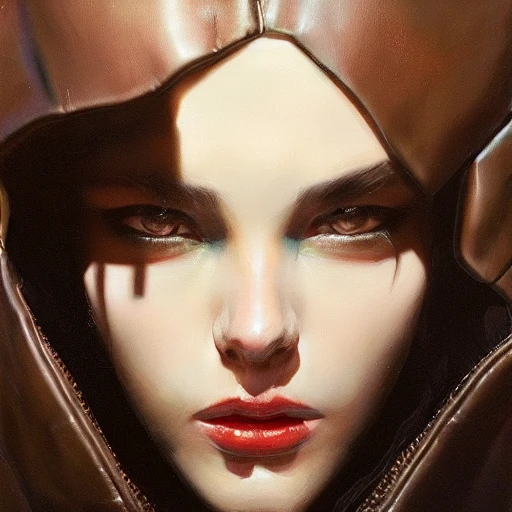 Beautiful, muscular, seductive girl, wearing an oversized leather jacket, night, very detailed face, oil painting, highly detailed cinematic lighting, beautiful, hyper-realistic, by ruan jia