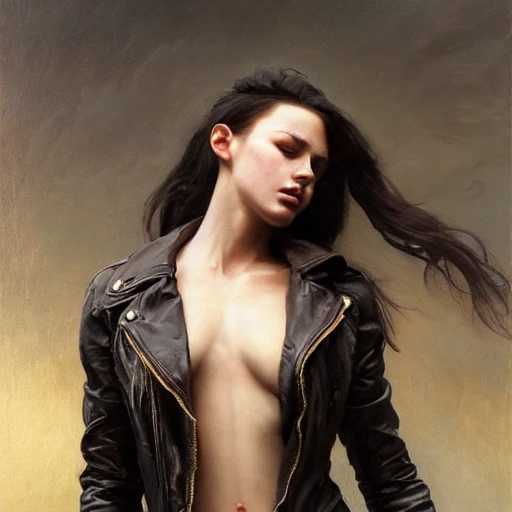 Beautiful, muscular, seductive girl, wearing an oversized leather jacket, night, very detailed face, oil painting, highly detailed cinematic lighting, beautiful, hyper-realistic, by ruan jia,Diego Rivera,Greg Rutkowski,Alphonse Mucha